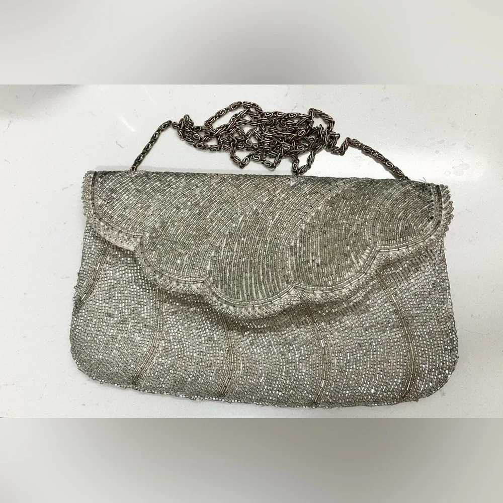 Vintage Delill Beaded Scallop Flap Clutch | Silver Evening Bag
